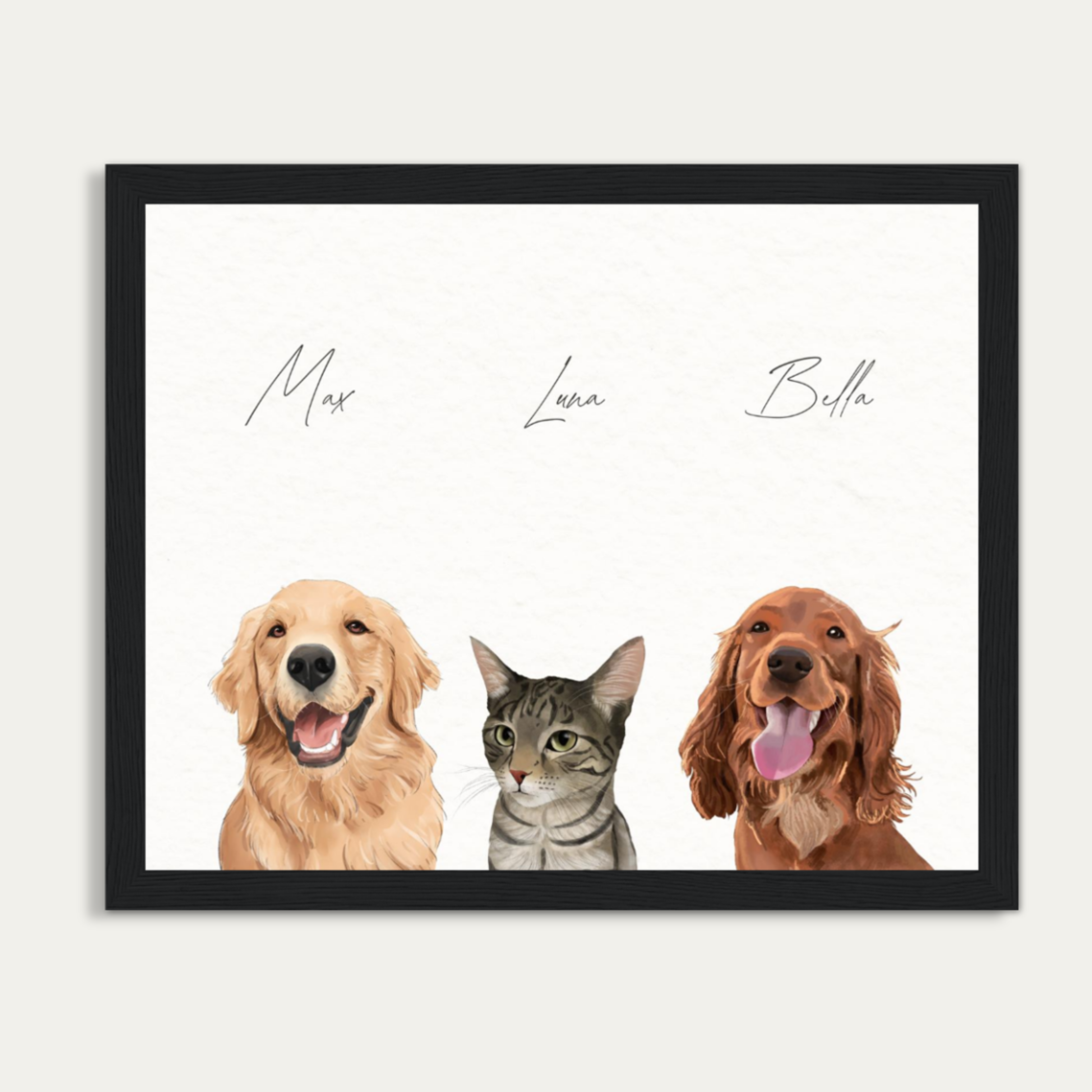 Custom Watercolor Three Pets Half Body Portrait