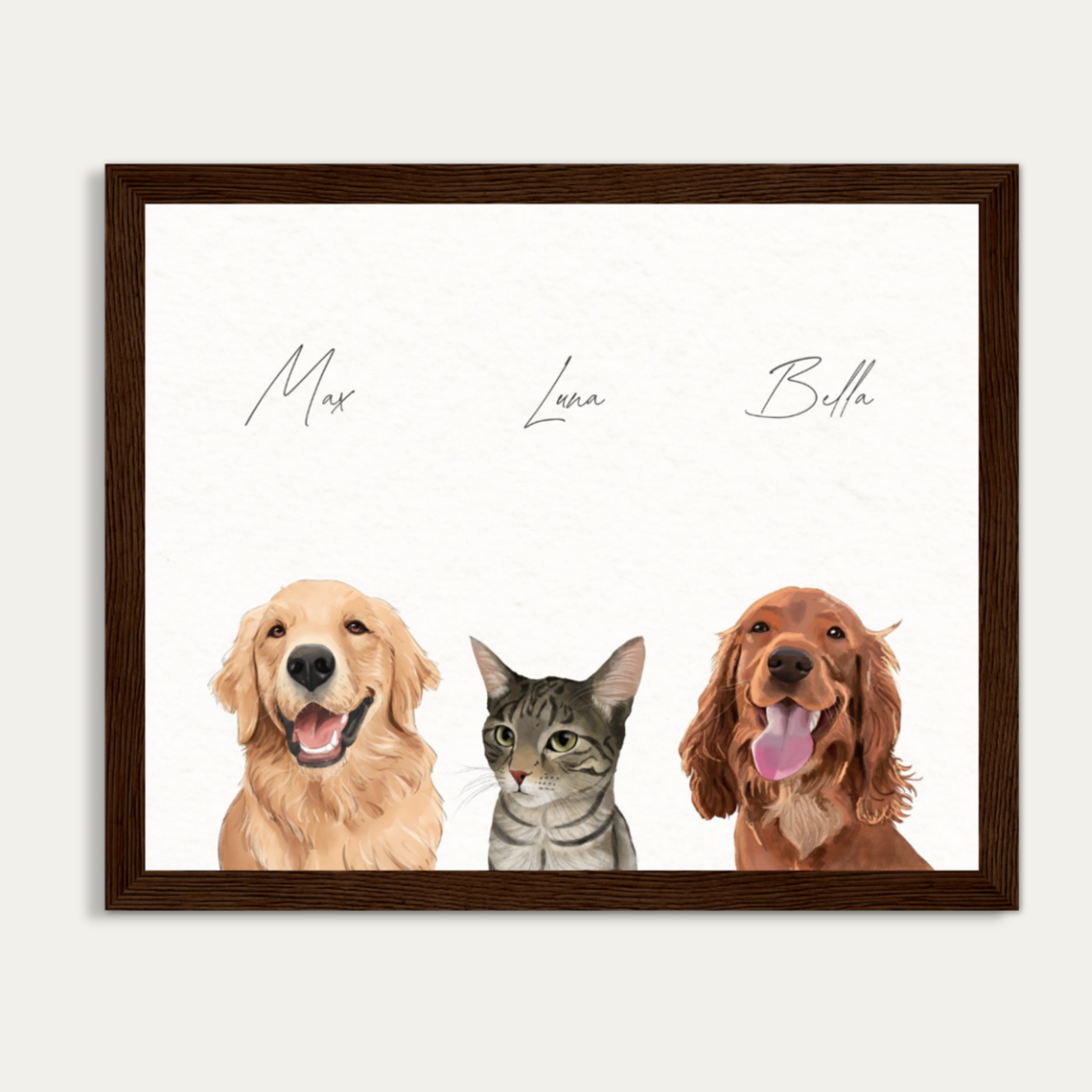Custom Watercolor Three Pets Half Body Portrait