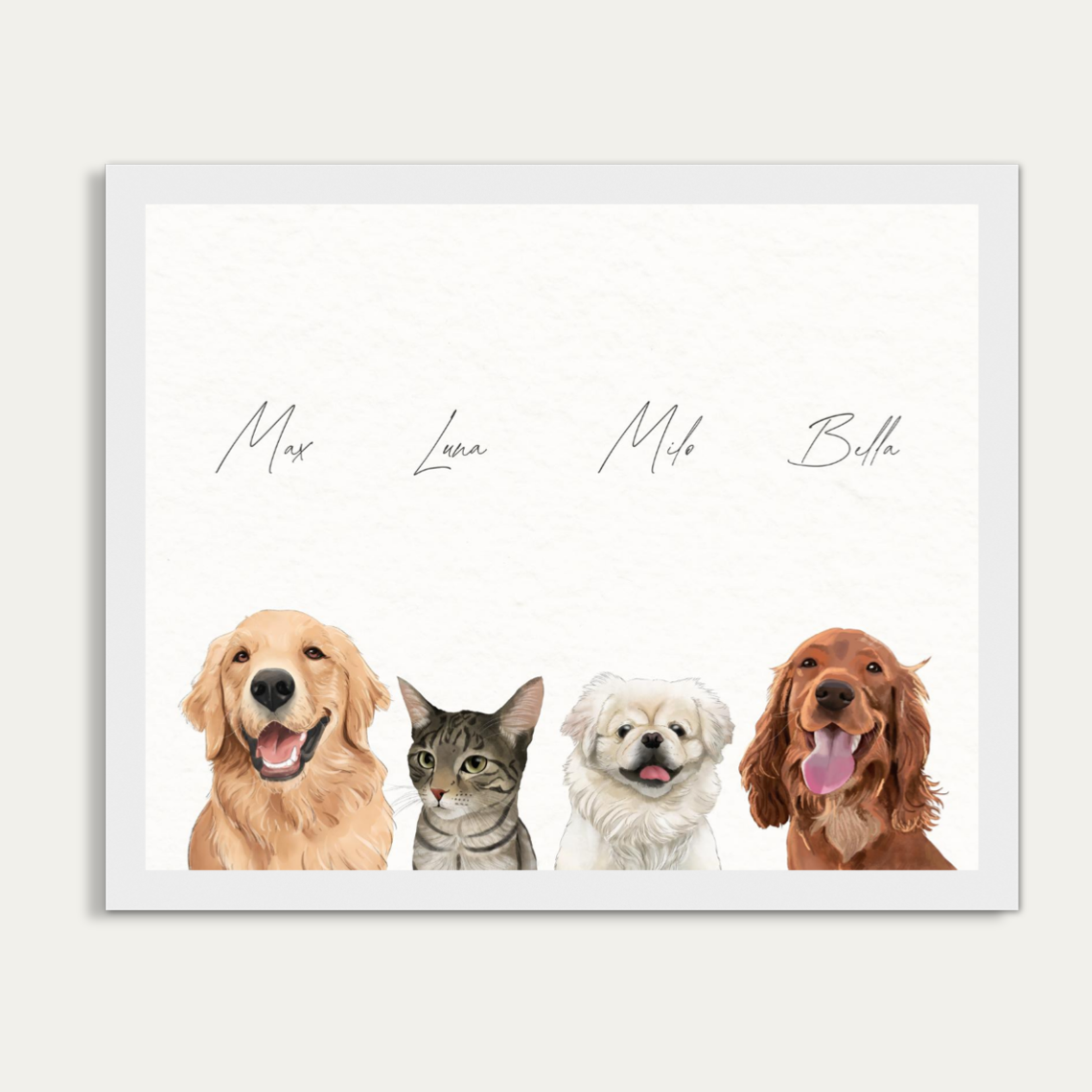 Custom Watercolor Four Pets Half Body Portrait