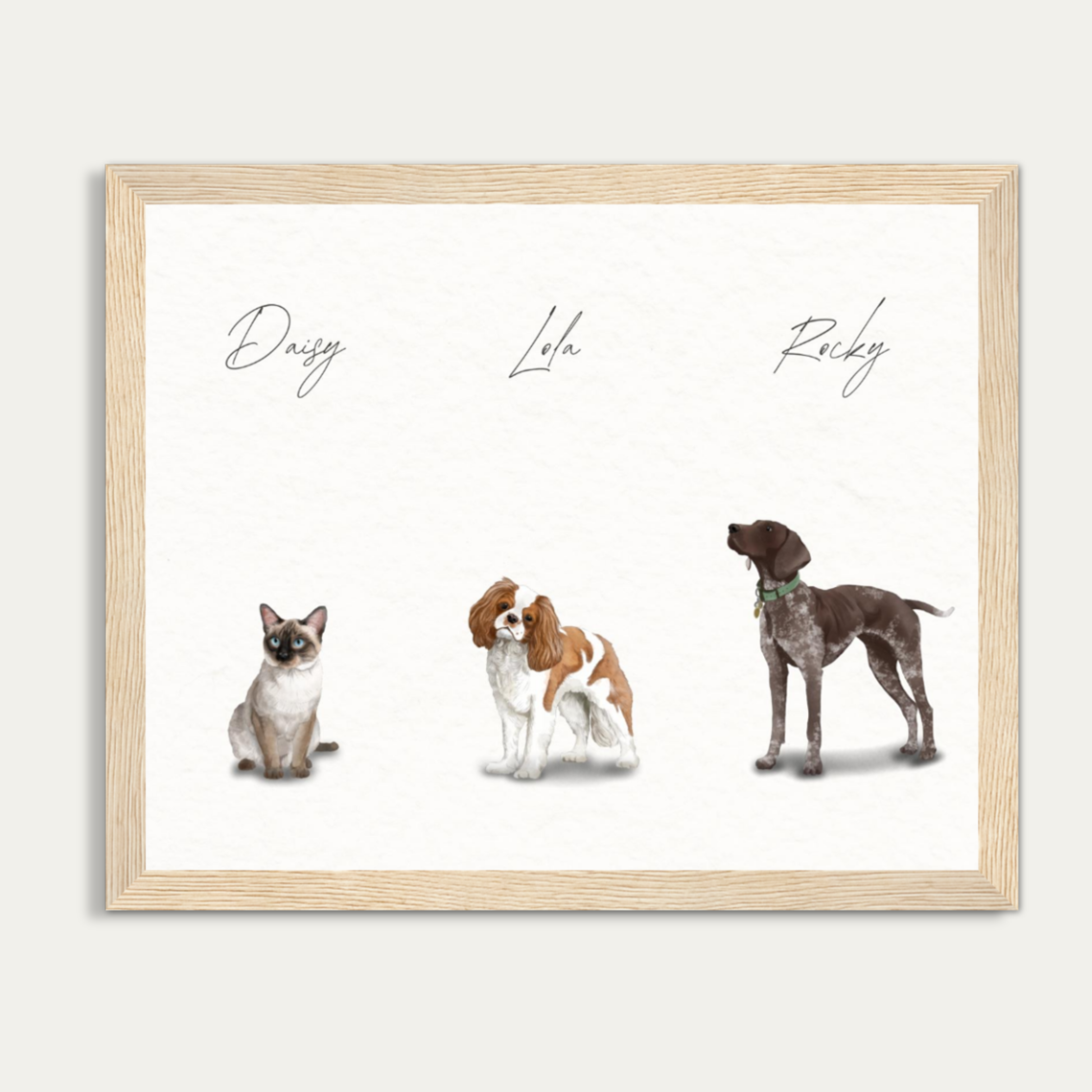 Custom Watercolor Three Pets Full Body Portrait